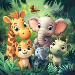 Naklejka premium Adorable Baby Animals Playing in Lush Jungle Foliage