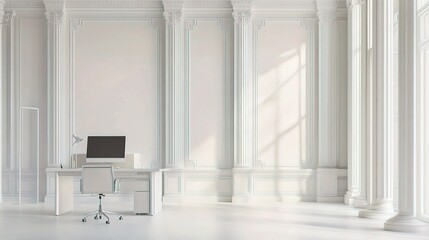 Fototapeta premium Elegant White Office Corner with Columns and Modern Computer Desk