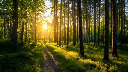 Obraz premium A sunlit summer forest scene.