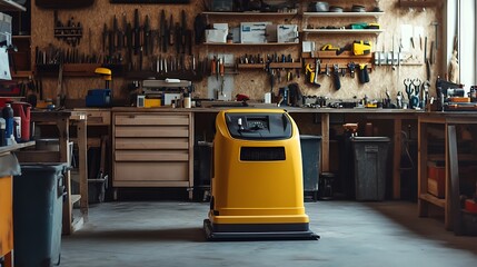 Obraz premium A professional grade yellow floor cleaning machine stands ready on a tidy workshop floor surrounded by various workbenches and tools