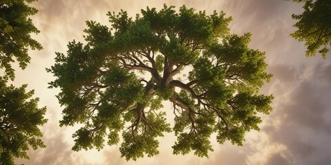Obraz premium Overhead shot of a large tree with lush green leaves against a warm brown sky, forest, outdoor