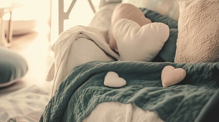 Baby sleeping peacefully on a comfy chair with heart-shaped pillows and blankets.