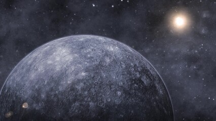 3d realistic Mercury planet with glowing sun