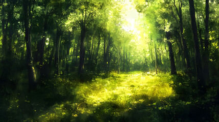 A sunlit summer forest scene.