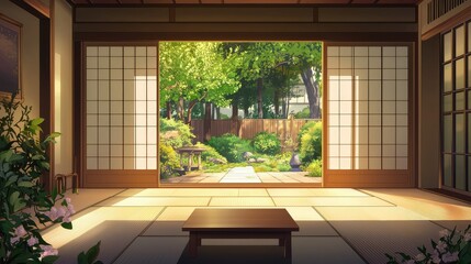 Naklejka premium Tranquil Japanese Garden View Through Sliding Doors in a Room