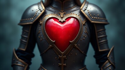 A glowing heart encased in shining silver armor with intricate engravings. The scene symbolizes strength, resilience, and the balance between vulnerability and protection in love.