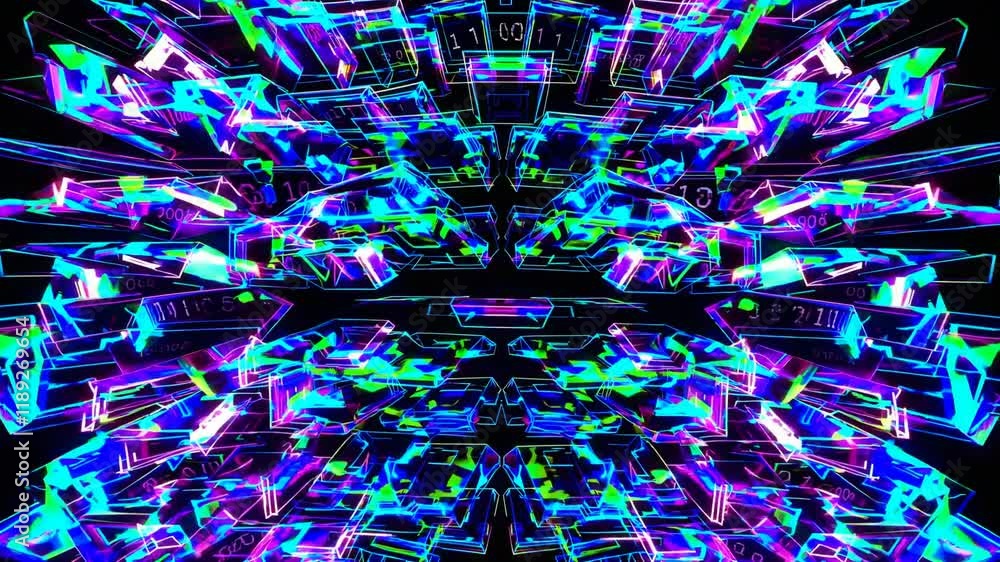 Poster a mesmerizing digital abstract pattern featuring vibrant, neon colors and dynamic shapes, perfect fo