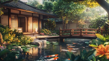 Obraz premium Tranquil Japanese Garden with Koi Pond and Traditional Architecture