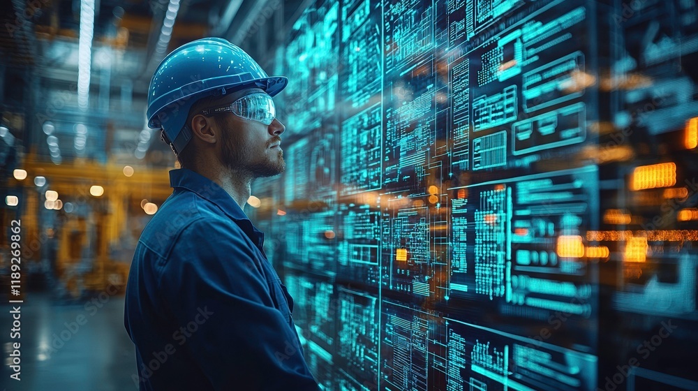Poster worker observing digital information display industrial setting high fidelity visualization