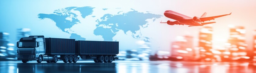 Modern Logistics Concept Featuring Airplane, Truck, and World Map for Transportation, Shipping, and Global Trade Illustrating Efficient Supply Chain Solutions