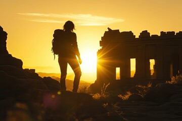 Fototapeta premium Silhouette of hiker at sunset, ancient ruins.