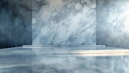 Bathed in soft light, this impeccably clean and reflective marble floor leads the eye towards a striking marble backdrop, hinting at architectural grandeur and timeless style.