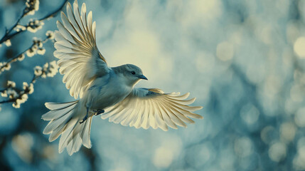 Bird in flight near blooming branches, spring nature scene, peaceful background, nature photography