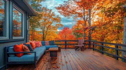 Obraz premium Cozy Autumn Deck with Colorful Foliage in Warm Evening Light