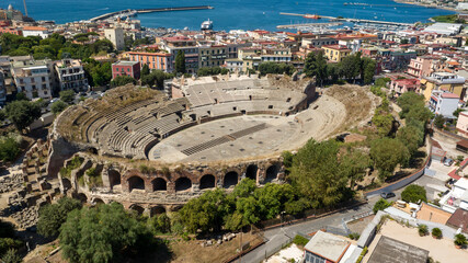 Aerial view of the Flavian Amphitheater, located in the historic center of Pozzuoli, near Naples,...