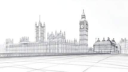 3D wireframe illustration of London city featuring Big Ben Tower. concept for such as architectural design, cityscape visualization, urban planning, tourism or modern engineering.