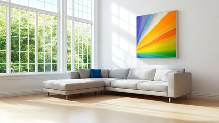 Modern living room with a sectional sofa and colorful artwork, featuring large windows.