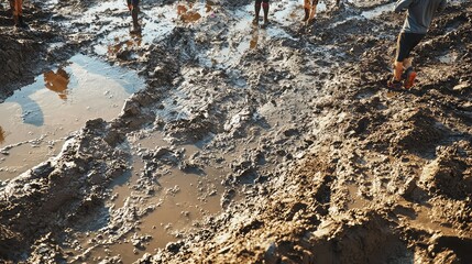 Fototapeta premium Muddy Ground with Water Puddles and Footprints at Outdoor Event