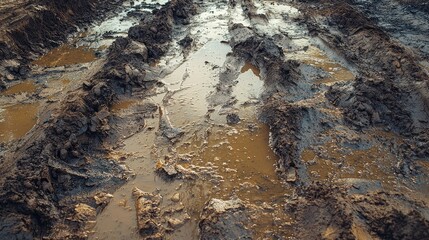Muddy Tracks in Rural Ground After Rainy Weather in Nature