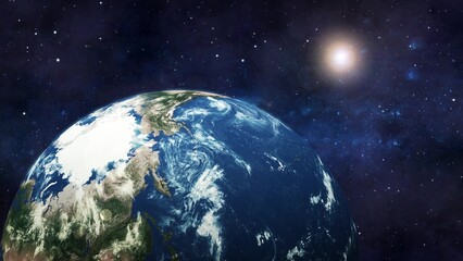 3d realistic Earth planet view with glowing sun