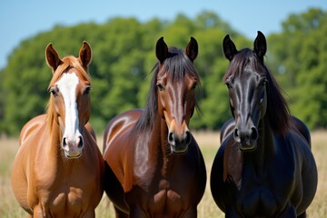 Fototapeta premium Three Distinct Horses in a Lush Setting