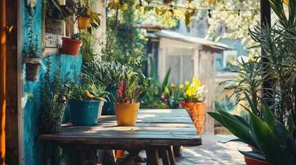Fototapeta premium Cozy Outdoor Patio with Plants and Colorful Pots in Natural Light