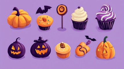 A set of halloween sweets on the purple background
