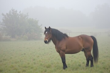 Obraz premium Solitary Horse in Misty Grassland