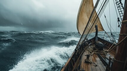 Obraz premium Historic sailing ship navigating turbulent stormy sea adventure