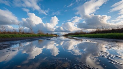 Fototapeta premium Serene reflection of clouds in road puddle