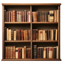 Old books arranged on wooden bookshelf