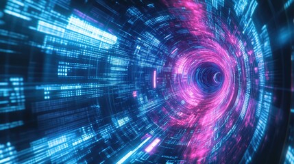 Obraz premium A vibrant digital tunnel with flowing data streams in pink and blue hues.