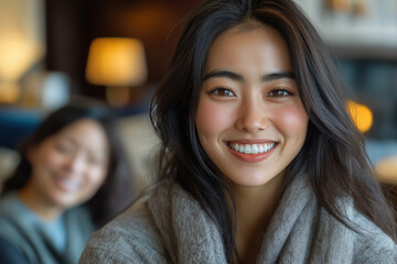 Smiling Young Asian Female in Cozy Sweater with Friend in Relaxing Indoor Setting