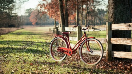 Obraz premium Vintage Bicycle Leaning on Wooden Fence in Scenic Landscape