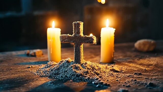 Soft candlelight flickers beside a cross formed from ashes on a wooden altar.