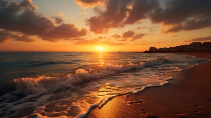 A photo of a beach sunset with a warm golden glow