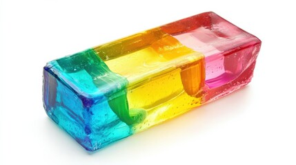 a colorful rectangular block of translucent material on a white background