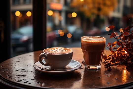 A close-up of a modern caf&eacute; table by a window, with a latte and a blurred urban street scene in the background