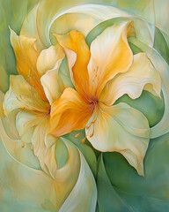 Watercolor depiction of flowers and swirling pollen in pastel hues