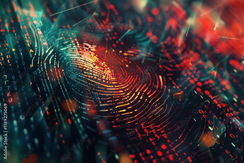Poster glitched biometric fingerprint scanner technology digital environment abstract visual futuristic con