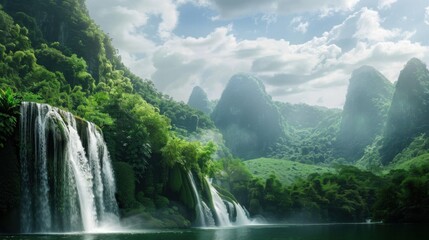 Fototapeta premium a serene nature scene adorned with lush greenery and cascading waterfalls, white space in the center of the page for text, tranquil and soothing hues against a backdrop of towering mountains