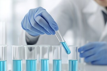 Laboratory assistant, glass, flask, blue, liquid, viruses, laboratory, scientist, white, coat, doctor, clothes, hand, blue, glove, latex, close-up, research, chemistry, chemist, chemical, scientific, 