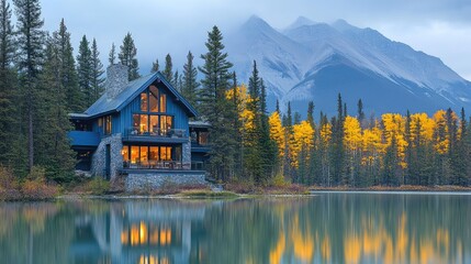 Obraz premium A serene lakeside cabin surrounded by mountains and autumn foliage.