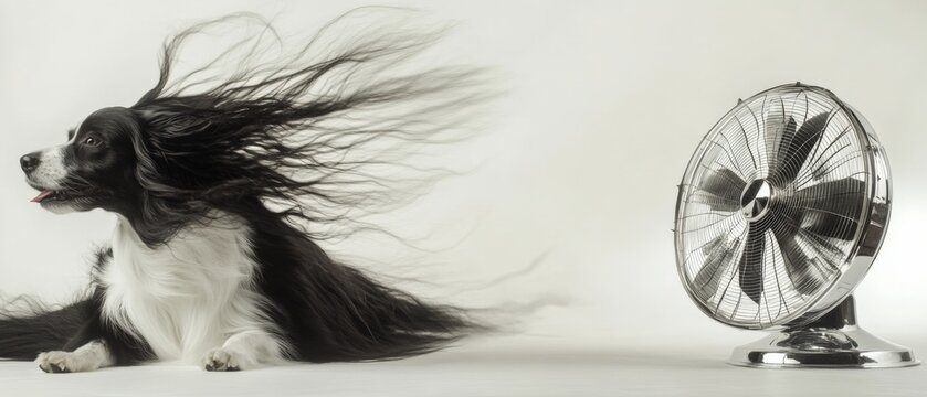 a dog in front of a fan with its hair blowing in the wind