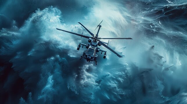 Dynamic aerial assault of attack helicopters over turbulent ocean waves action scene high-impact photography