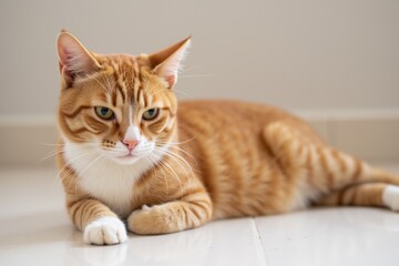 Fototapeta premium Serious Ginger Cat with White Chest and Paws on a Light-Colored Surface