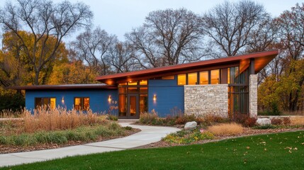 Modern house with large windows and stone accents, surrounded by autumn foliage.