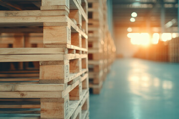 Obraz premium Wooden pallets stacked in warehouse with sunlight streaming through