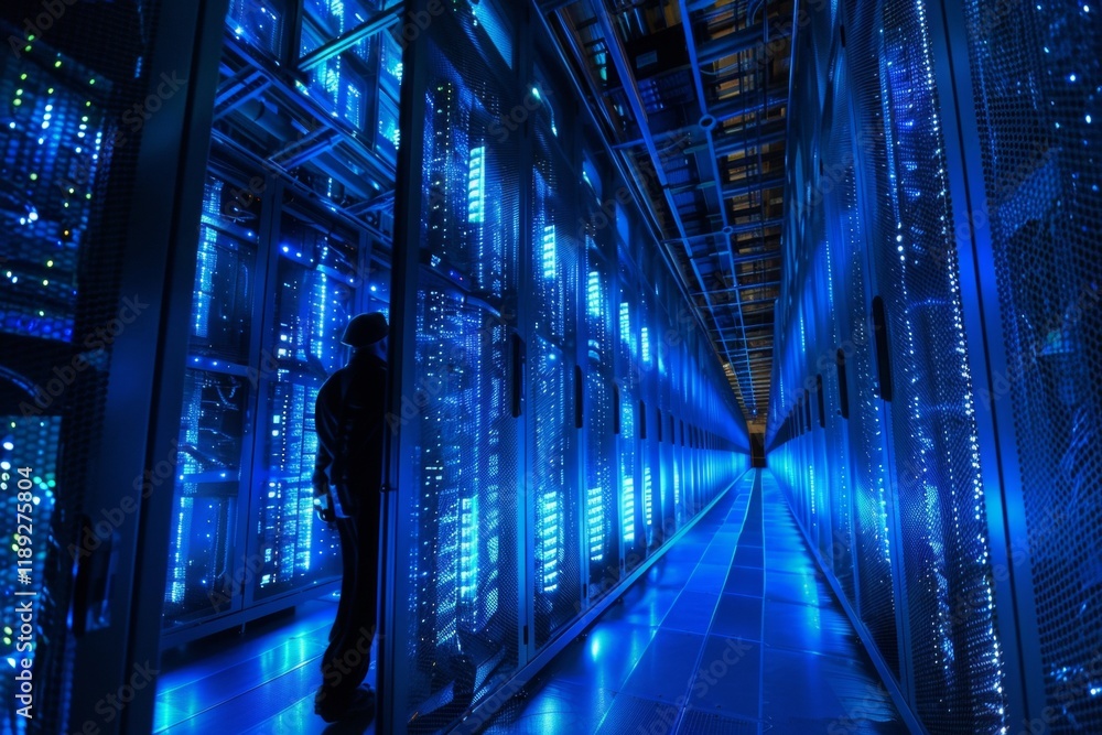 Poster technician managing towering server racks in a high-tech data center environment futuristic perspect