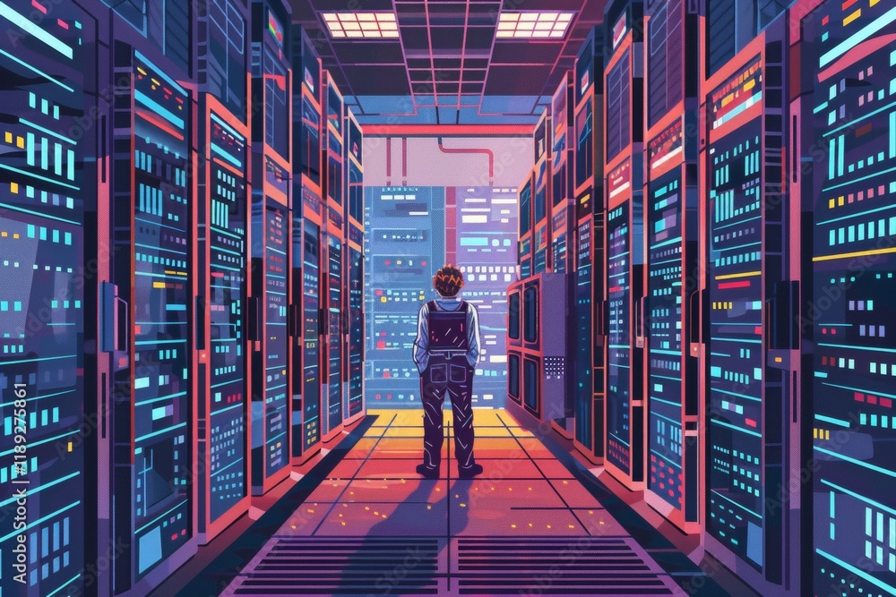 Poster technician working in data center futuristic server room digital art high-tech environment isometric